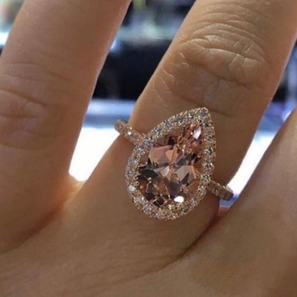 NEW 18K ROSE GOLD DIAMOND HALO TEARDROP RING - Picture 1 of 4